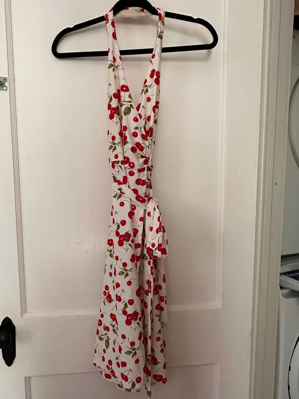Vintage Cherry-Print White Wrap Dress